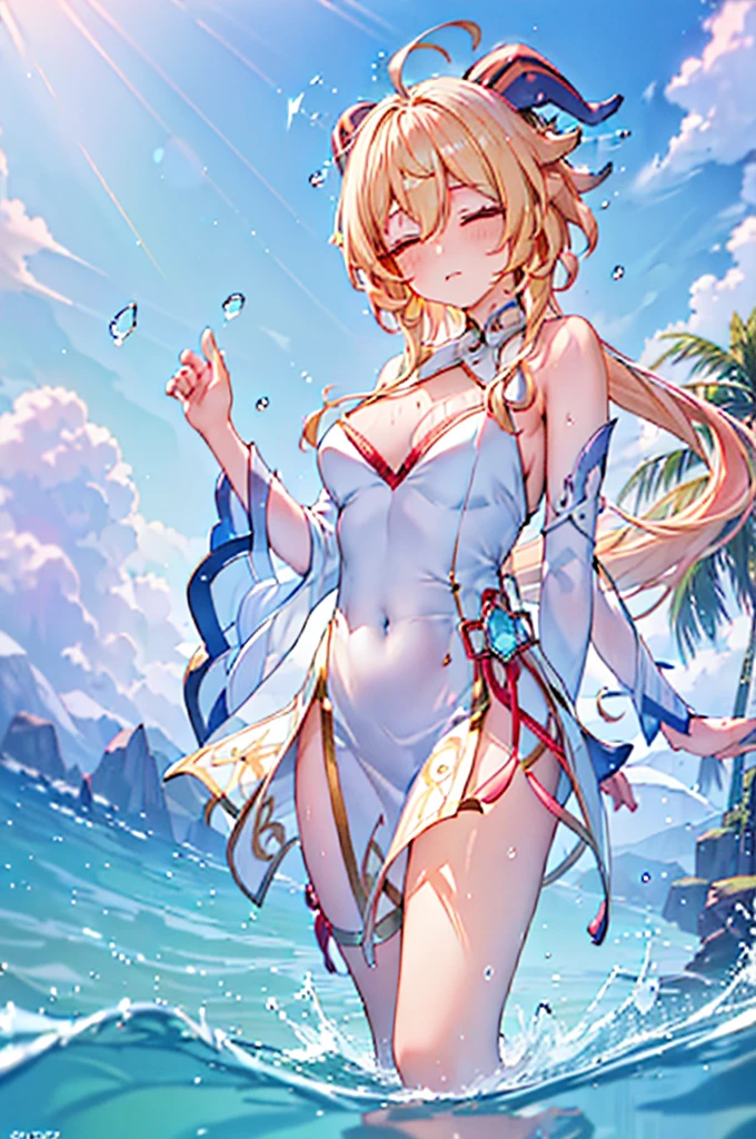 Best quality, tmasterpiece, Incredibly beautiful, very elaborate 8K wallpaper, otherworldly beautiful girl, (blonde hair pink gradient hair), Side pony, intermittently, Open your mouth and laugh, Long eyelashes, cosmetics, Close her eyes, (zoomout, bigger, BigREAK, 夏天, Beachy, (???), Reflection in the water, (Floating water drops blur foreground), (blue-sky), lens flare glow, (water splash), rays of sunshine,