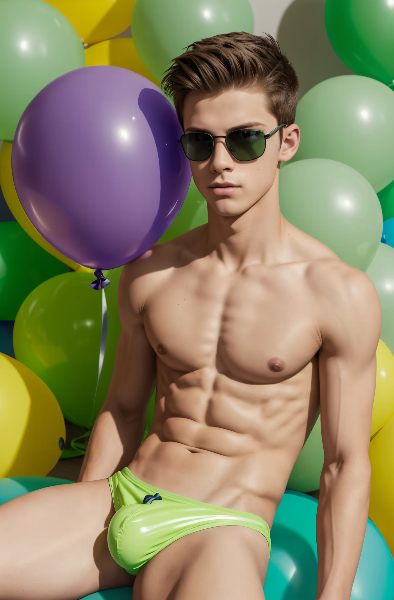 -yeld bositting on big violet balloon between legs, wearing green speedos, shirtless, abs, thin body, hugging green balloons, popping violet balloons, handsome, youthful, boyish, cute, black military sunglasses, photography, realistic, indoor soft lighting