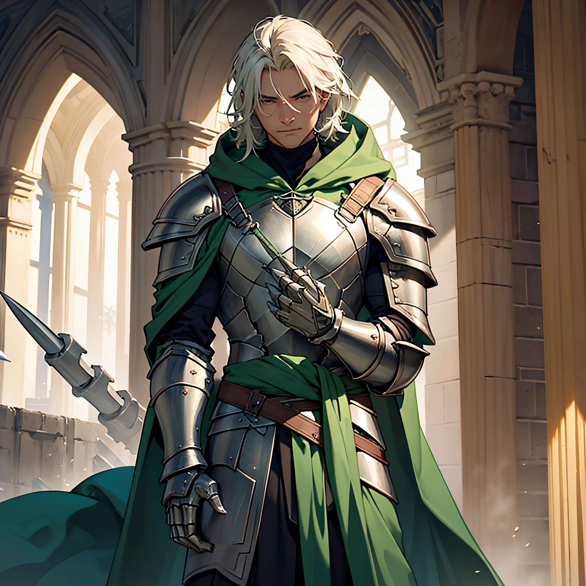 ​masterpiece, Best Quality, 4k, Very detailed, 1 Man(((waist up))), Background with:Rose garden inside a medieval castle, ((((Adamantium Armor)))), (((green cloak)))