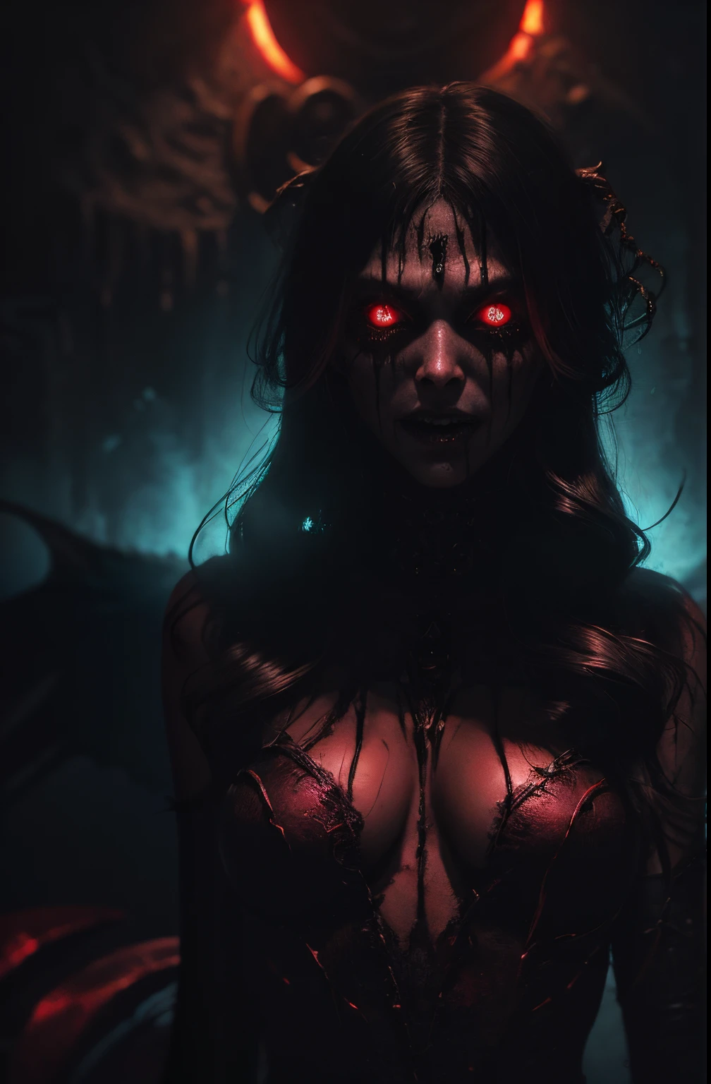 a terrifying mental image of a female figure of pure evil, immersed in a hideous and hellish environment, appearance like a demon with sinister eyes that evoke instant terror, evil beast, fiend, demon, dark attire that exude an evil aura, environment around as a hellscape, distorted shadows, agonizing, obscure, terrifying nightmare, horror, evil female figure in a obscure place coming from hell, demonic presence, highest quality, 4k, sharp focus, depth of field, lens 1.8, 25 mm, masterpiece