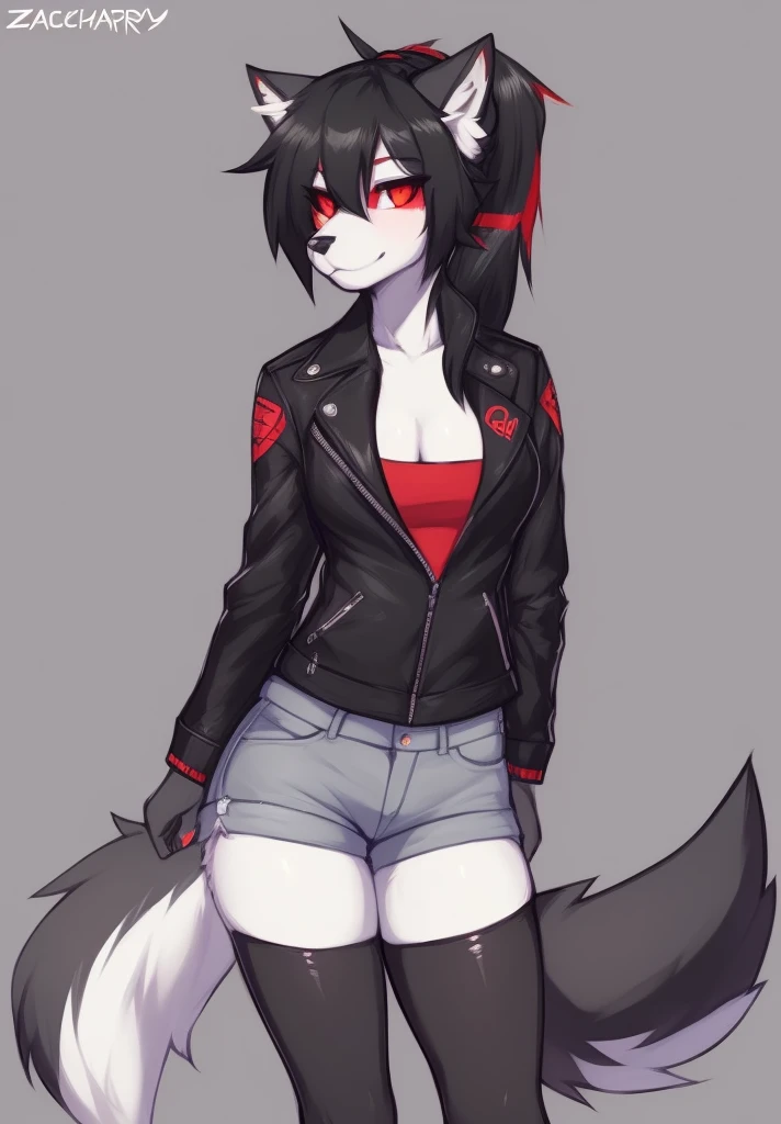 zackary911, by zackary911, anthro, hellhound, ((dark grey fur)), female, solo, 1woman, small breasts, shorts, leather jacket, tube top, ((red sclera)), ((white irises)), wolf tail, ponytail, black hair