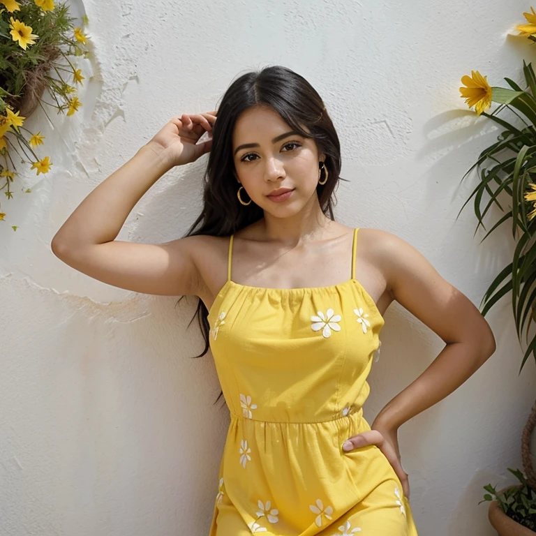 21 year old Latin girl, cabello ondulado corto, Selfie realista, vestido amarillo con flores, vestido de verano, photograph taken with cell phone, la chica en el patio, pared de ladrillos, pared realiSta, haciendo gesto de beso, divertida, posando.