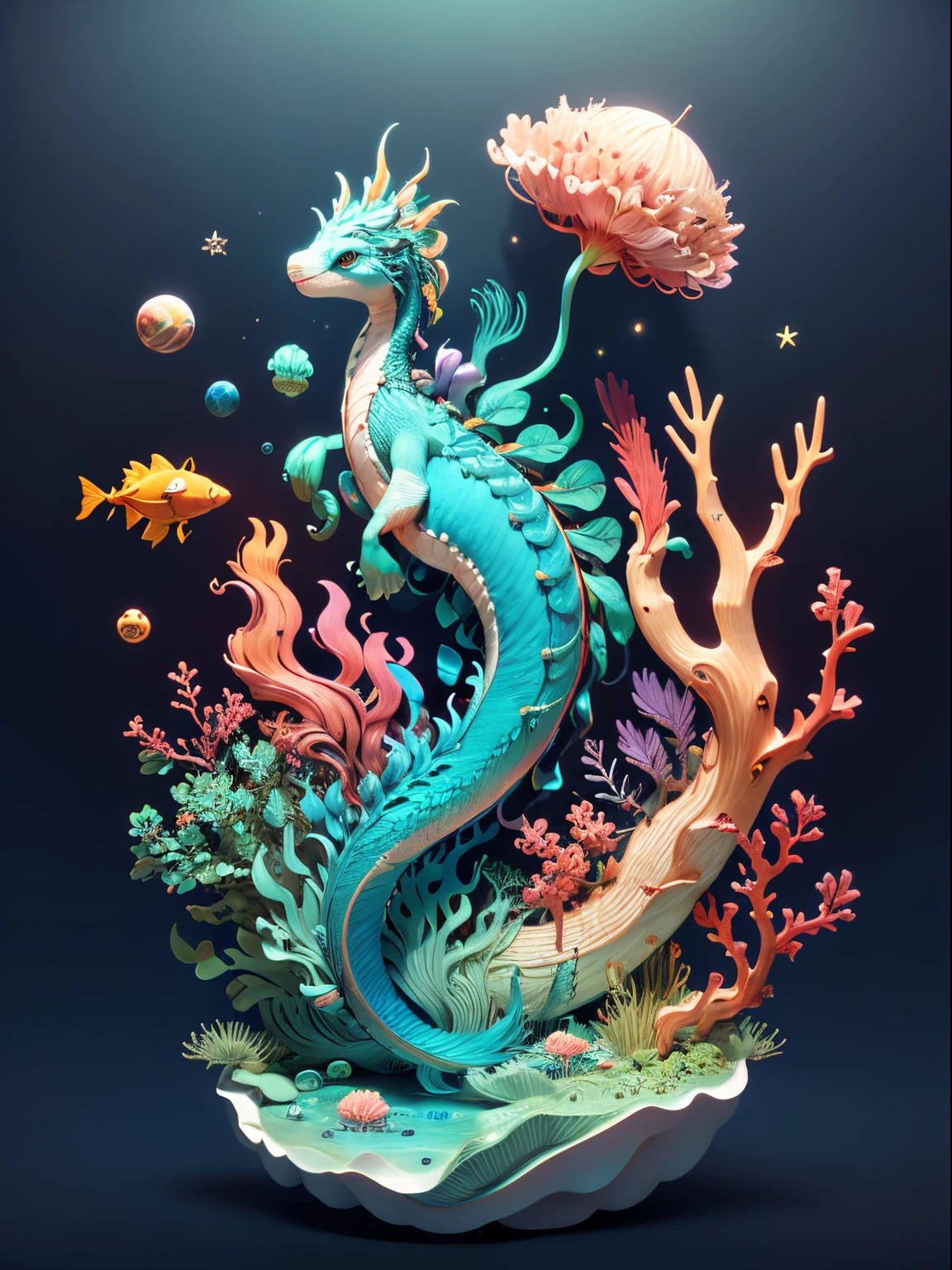 a beautiful mermaid, Vibrant graffiti style 3D graphic design, geometric and spiritual landscape motifs, rough texture inspired by stunning natural scenery, big tree, moon or sun, bird, tiger with metallic graffiti style ornaments, adorned with intricate swirling patterns and uplifting affirmations in a bright color palette interspersed with