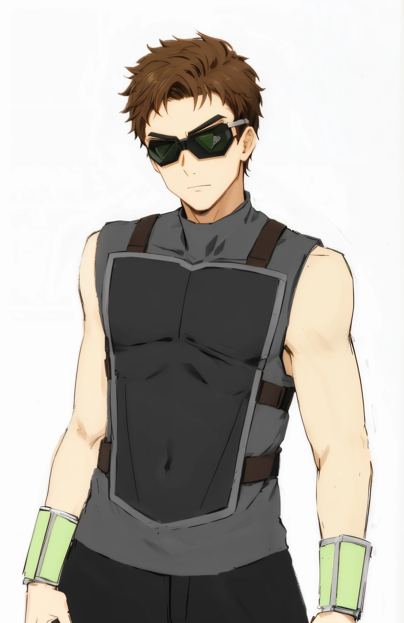anime man with brown hair and black googles in a green and black outfit, full body details, with shoulder pads,