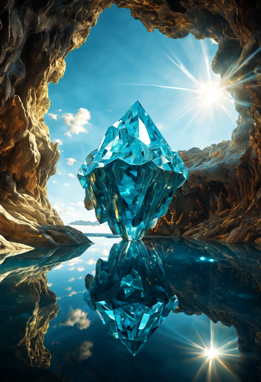 (by Salvador Dali:1.2), Crystal Caves, crystal rock, crystal reflection, Rays, illumination, glowing particleest composition), ultra-wide-angle, octane render, enhance, intricate, (best quality, masterpiece, Representative work, official art, Professional, unity 8k wallpaper:1.3)