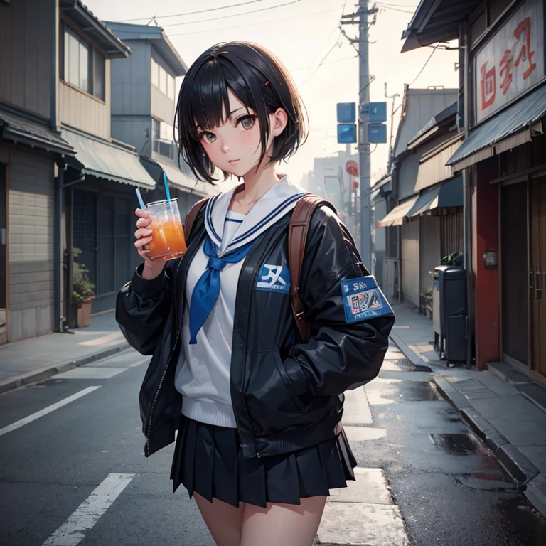 a School girl with Japanese characteristics, black eyes, and brown short hair. Walk with drink a Pocari sweat on the street, blend Japanese styles with influences from artists like WILOP. Infuse glamour and grit using Bokeh effects, luminism, and bioluminescence for a cinematic ArtStation style, Utilize Octane-rendered 3D details to achieve a hyper-realistic feel, a rebellious 4K realistic painting