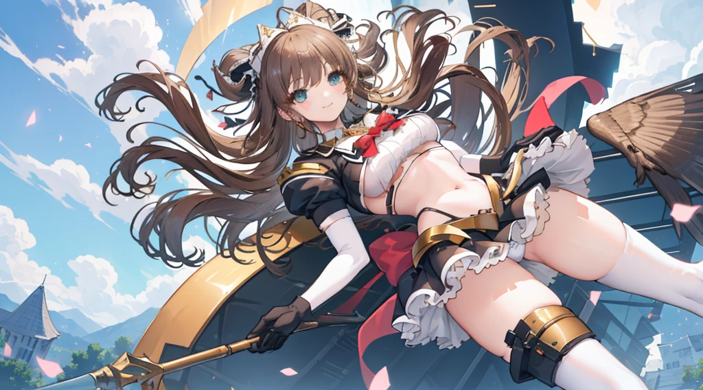 (6+ girls, fluttering skirt, skirt lift, self lift, white underwear:1.1), Big breast, kind smile, sweetlip, black outfit, navel, white thighhighs, gloves, from below, scenery