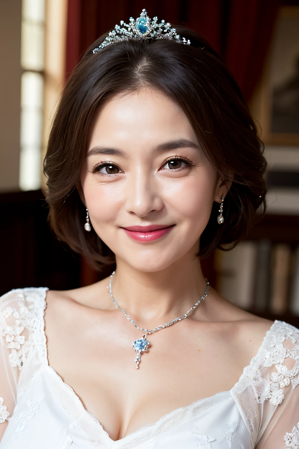 (Masterpiece:1.2), high definition, high quality,(65-year-old woman:1.2)、(Wrinkles on the face:1.2)、Beautie,Princess dress, Puffy sleeves,Big breasts,smile,