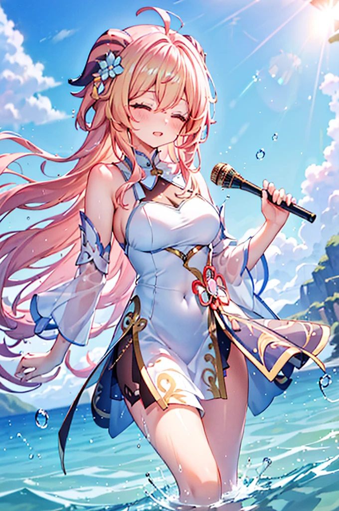 Best quality at best, tmasterpiece, Incredibly beautiful, very elaborate 8K wallpaper, otherworldly beautiful girl, (blonde hair pink gradient hair), Side pony, intermittently, Open your mouth and laugh, Long eyelashes, cosmetics, Close her eyes, (zoomout, The large, BigREAK, 夏天, Beachy, (比基尼), Reflection in the water, (Floating water drops blur foreground), (blue-sky), lens flare glow, (water splash), rays of sunshine,