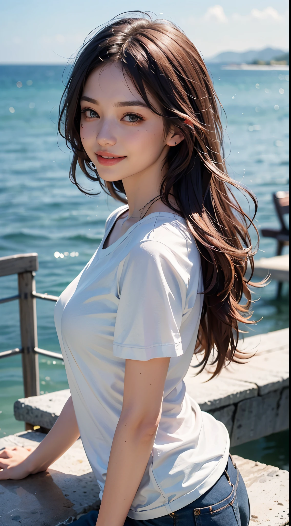 (8K, RAW photogr, Best quality at best, tmasterpiece:1.3),(of a real,photore:1.37),(looking at viewert:1.331),(brunette color hair),lewd poses,Seafront,Morning view,sunraise,sunny clear sky,1个Giant Breast Girl,Very beautiful face,small,put down your hands,Pony hairstyle,Weight hair,voluminous hair,shoulder-length,hair straight,Random expression,smiling at her lips,largeeyes,(tee shirt,crewneck,short- sleeved,Opaque color,Shirt color),(wearing pantix4,No hair accessories,Top quality hair