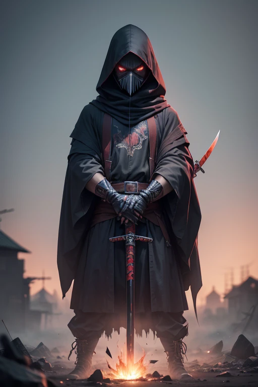 (material:anime),(best quality),(realistic),(dark),(vivid colors),(horror),goblin,2 meters tall,75 years old,telekinesis power,using ninja star,katana and spear.