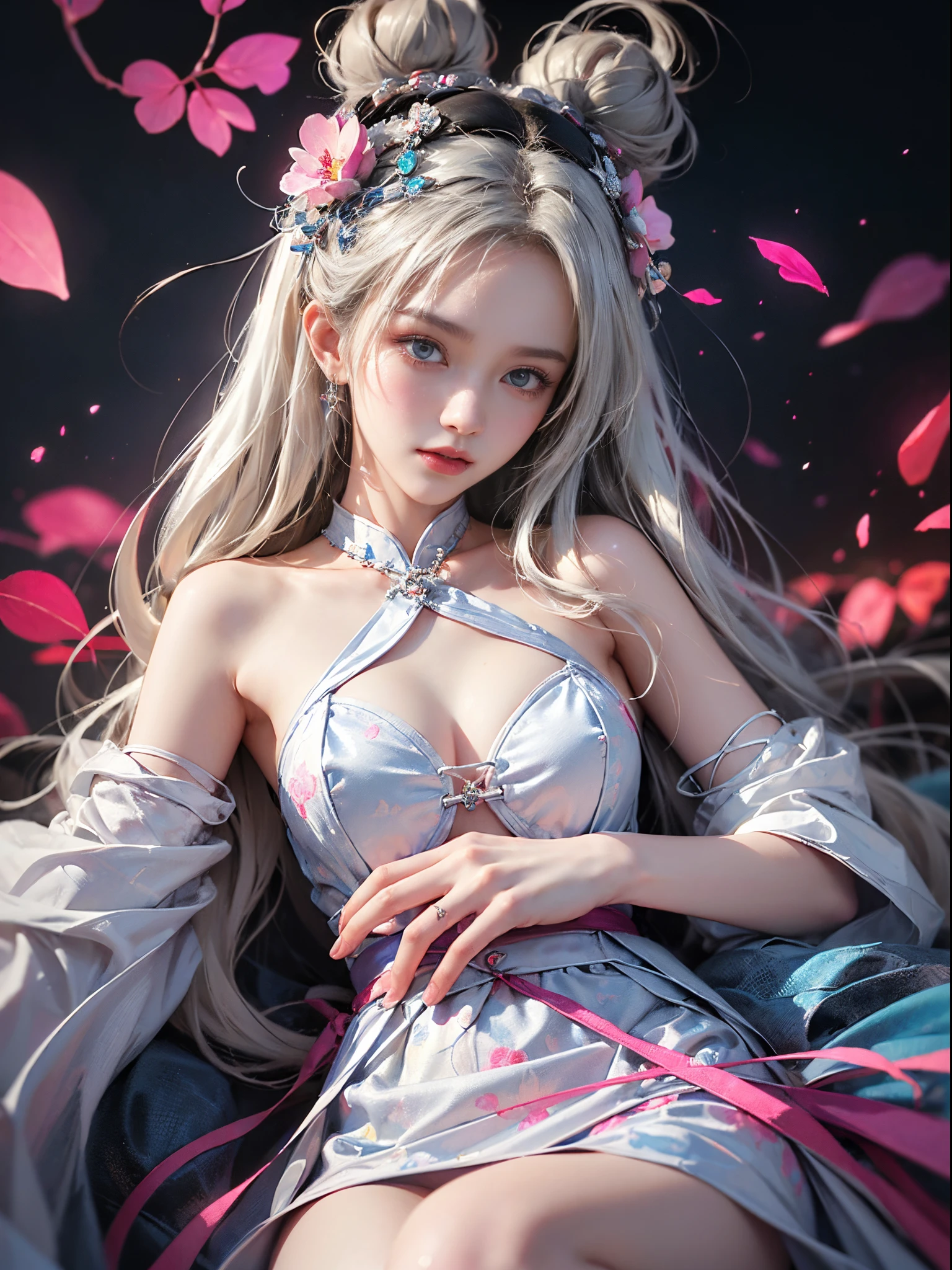 ((Best quality)),((upscales, 8K, tmasterpiece: 1.5)), Clear public areas: 1.4, perfect body beautiful: 1.4, sexy hanfu clothes,sexy hanfu clothes,The are visible,White hair,wetted skin, Sleeping on the Bed,Backward posture,Pout,runde,Pout,翘起,Film texture,