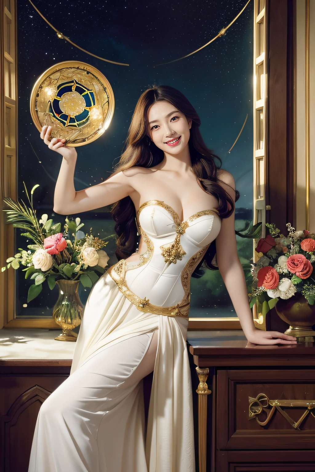 Geometry,stain glass,12 zodiac signs,Vigée Leblanc style,Math、Astronomical utensils,astronault,Roses in a vase,fruits,cute little,A smile,Ancient Greek costumes,Paintings by Sandro Botticelli,Costume with stretched shoulders,huge smile,large full breasts,Ecstasy expression,A sexy,Beautiful bare skin