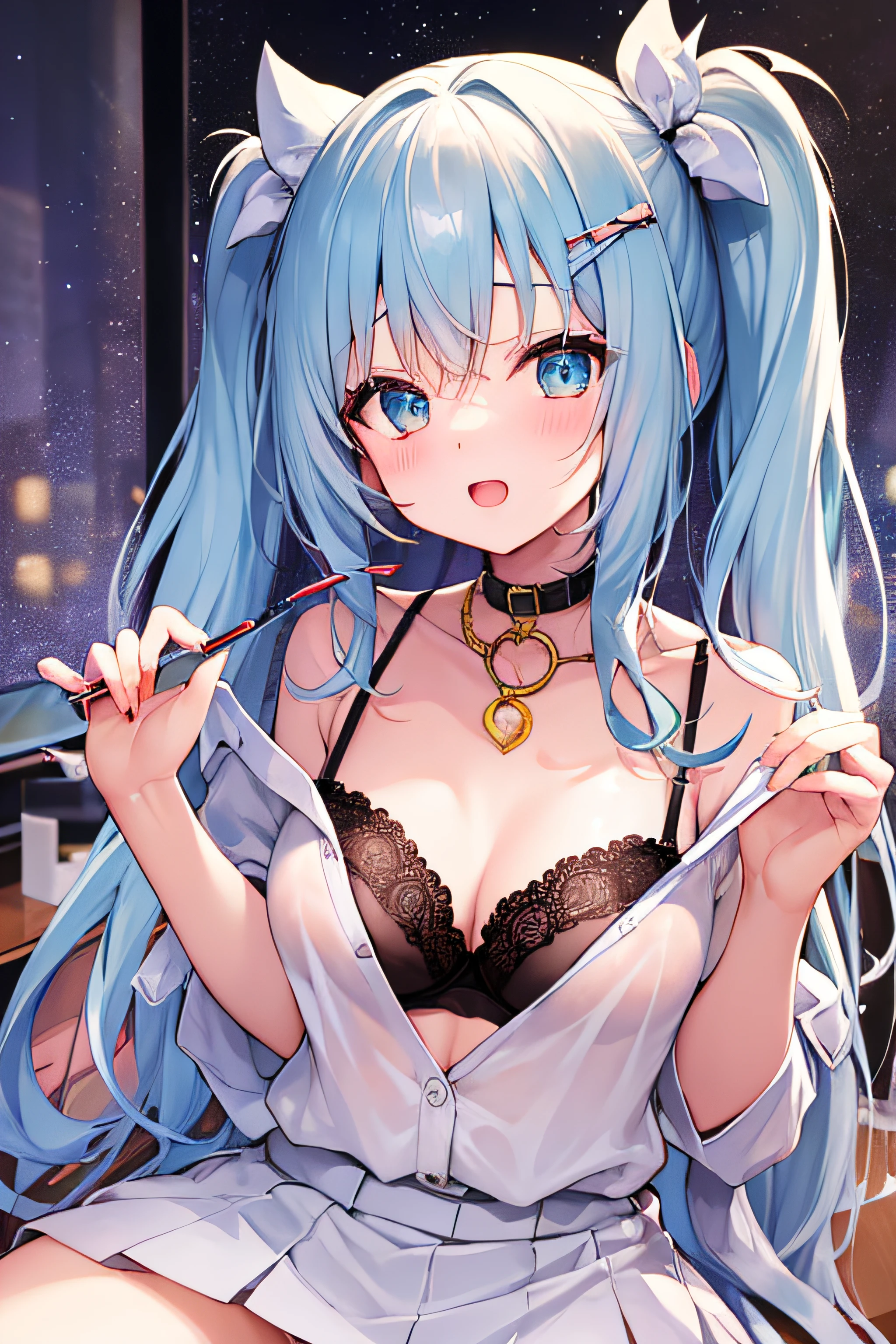 ​masterpiece、Top image quality、超A high resolution、NSFW、miku hatsune、blue hairs、Twin-tailed、Blushing、is in estrus、mock、Open your mouth just a little、White dress shirt with open chest、firm breasts、well-shaped breasts、pencil skirts、spread your legs wide、M-shaped spread legs、lace bra、Lace panties、sitting at office desk with legs wide apart、Office、Night