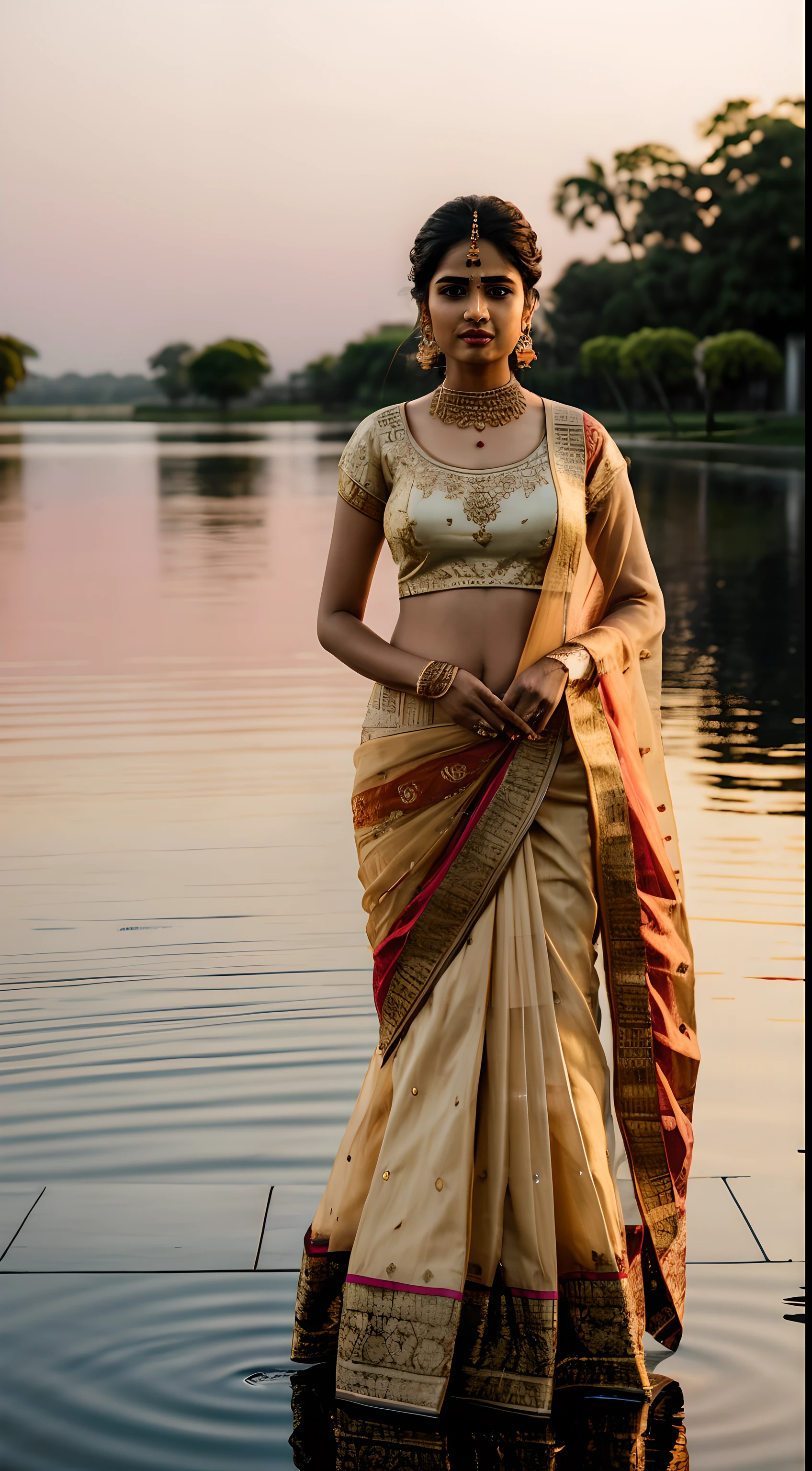 A graceful Indian woman wearing an intricately embroidered lehenga sari, standing on the edge of a reflective pool during a vibrant sunset. The atmosphere is filled with warm hues, casting a soft glow on her traditional attire. The style is photorealistic, capturing every detail with a Canon EOS 5D Mark IV. Lens: Canon EF 50mm f/1.4 USM