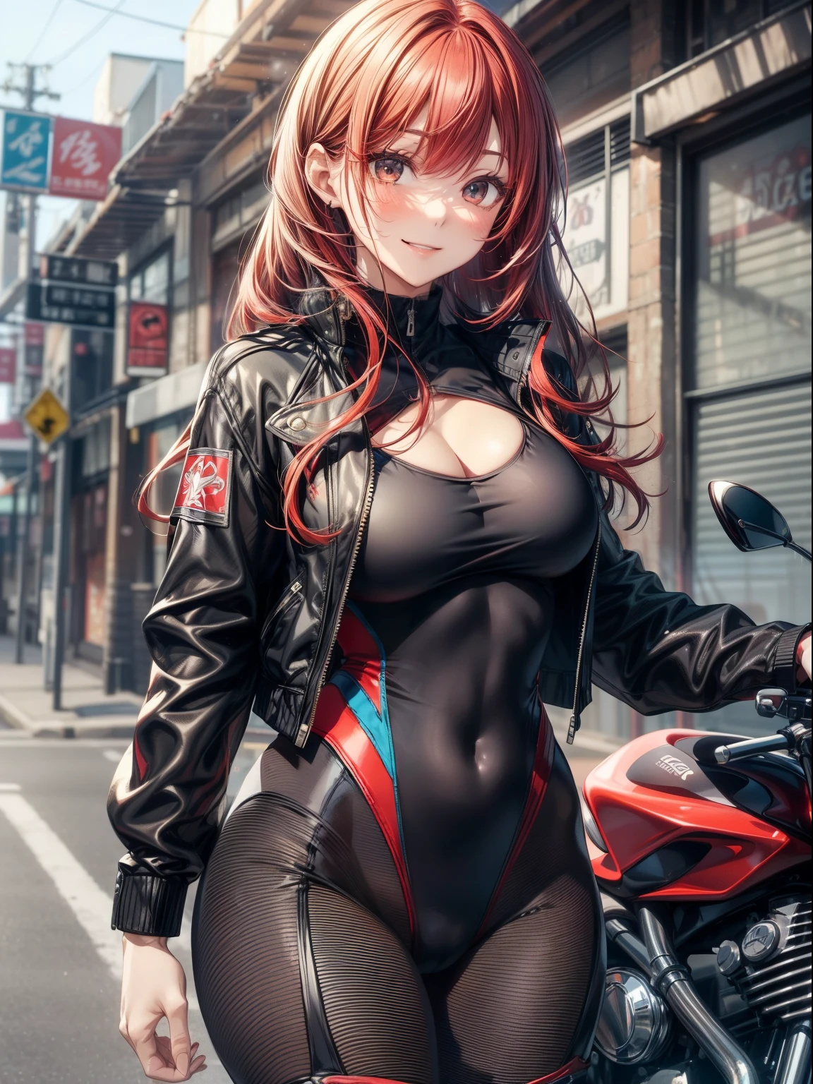 top-quality、Full limbs、complete fingers、Slender beauty、Women with straight hair、((Red-haired woman))、Women with medium hair、(Beautiful busty woman:1.3)、(Black competitive swimsuit with red lines)、(Brown pantyhose)、(Long boots in black color)、Black riders jacket、Naughty Poses、Blushing、A big smile、(motor bikes)、(pier)、Woman driving motorcycle