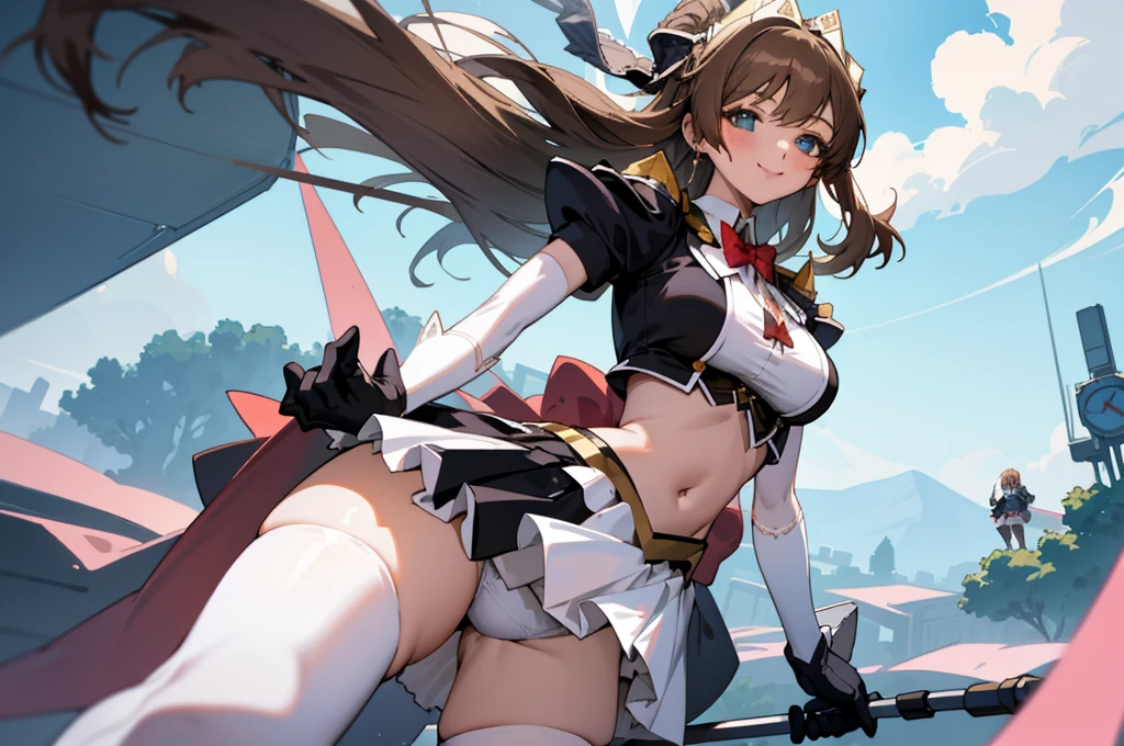 (6+ girls, fluttering skirt, skirt lift, self lift, white underwear:1.1), Big breast, kind smile, sweetlip, black outfit, navel, white thighhighs, gloves, from below, scenery
