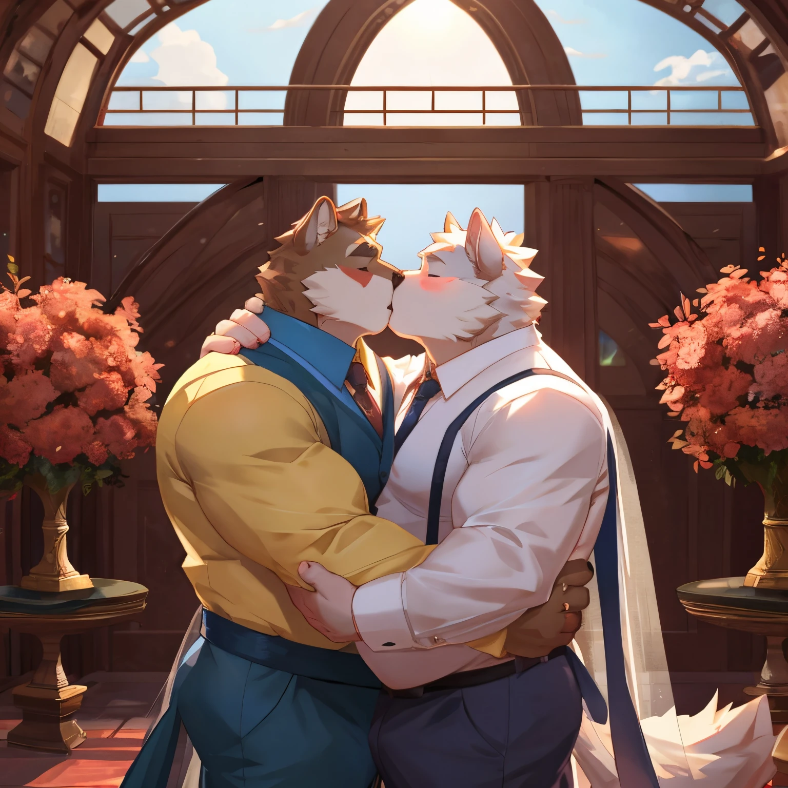 Chubby , musclechub, grandfather, old furry , fluffy , Romantic light ,seductive, furry , kissing, hug , extremely romantic Atmospheres, married , nj5furry, by zixiong , perfect Limb, wedding venue, full white
