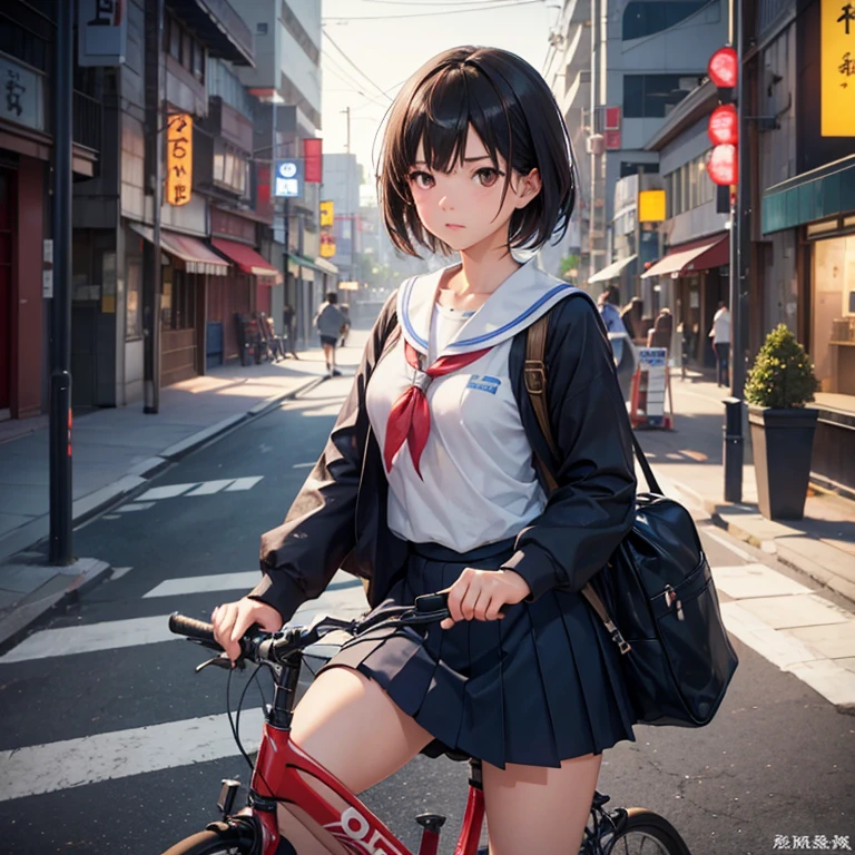 a School girl with Japanese characteristics, black eyes, and brown short hair. Ridding bike cycle drink Pocari sweat on the street, blend Japanese styles with influences from artists like WILOP. Infuse glamour and grit using Bokeh effects, luminism, and bioluminescence for a cinematic ArtStation style, Utilize Octane-rendered 3D details to achieve a hyper-realistic feel, a rebellious 4K realistic painting