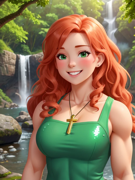 attractive welsh woman, ripped muscle, muscular body, pale skin, smile(blush), lingerie, cross pendant, sixpack abs, [ultra detailed skin:1.2], ginger hair, green eyes, hair bun, 8k uhd, pussy, full body, crowd, public, forest, waterfall, standing,