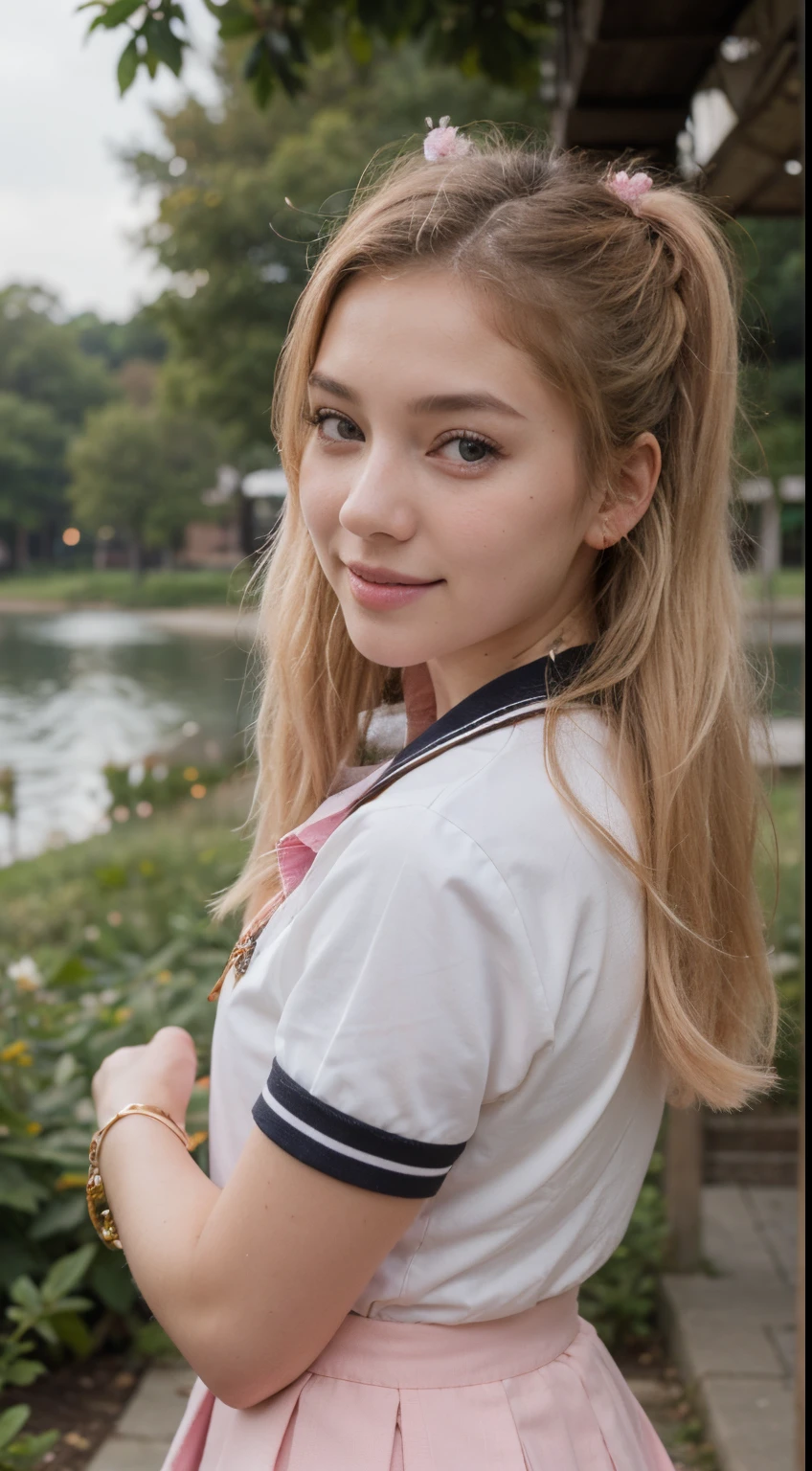 (((Twin tail blonde hair))),(((Pink sailor School Uniform))),(((looking at viewer:1.5))),(((Nice duck pose))),(((Photographing a girl from the front))),ulzzang-6500-v1.1, (Raw photo:1.2), (Photo realistic:1.4), a beautiful detailed girl, extremely detailed eye and face, beautiful detailed eyes, ultra-detailed, High resolution, top-quality, masterpiece, highly detailed, 8k wallpaper, Wonderful, finely detail, top-quality, Light on the face,电影灯光,1girl in, (beautiful garden full of flower near lake),Beautiful eyes, Smile,Opening Mouth