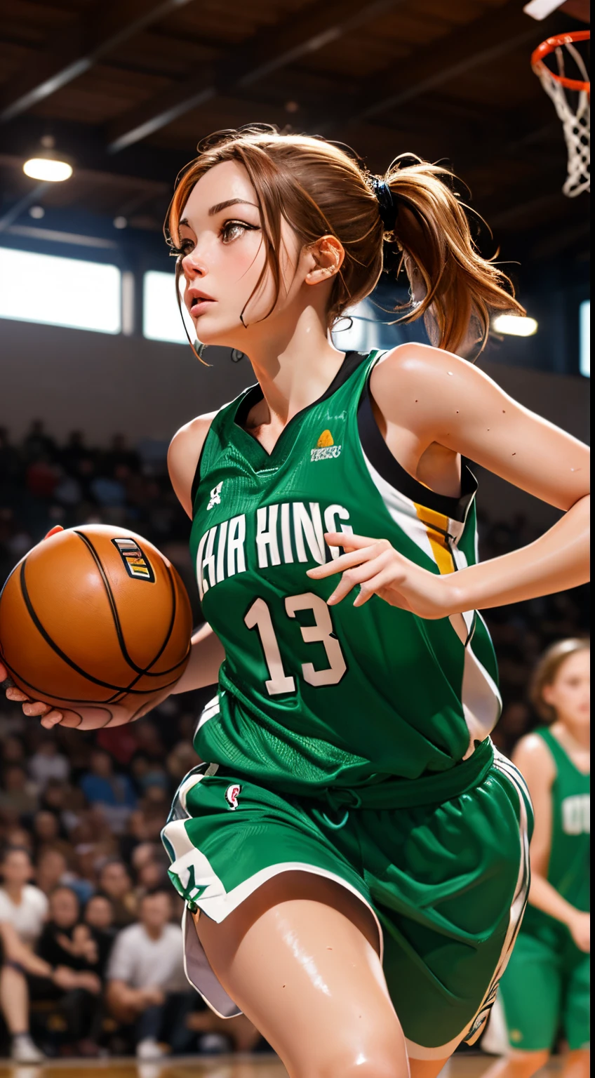 Masterpice, fantastic realism, bokeh,  ultra detailed, 1girl, blond with (brown skin), green eyes, red hair, running, playing basketball, sweat, shiny skin,