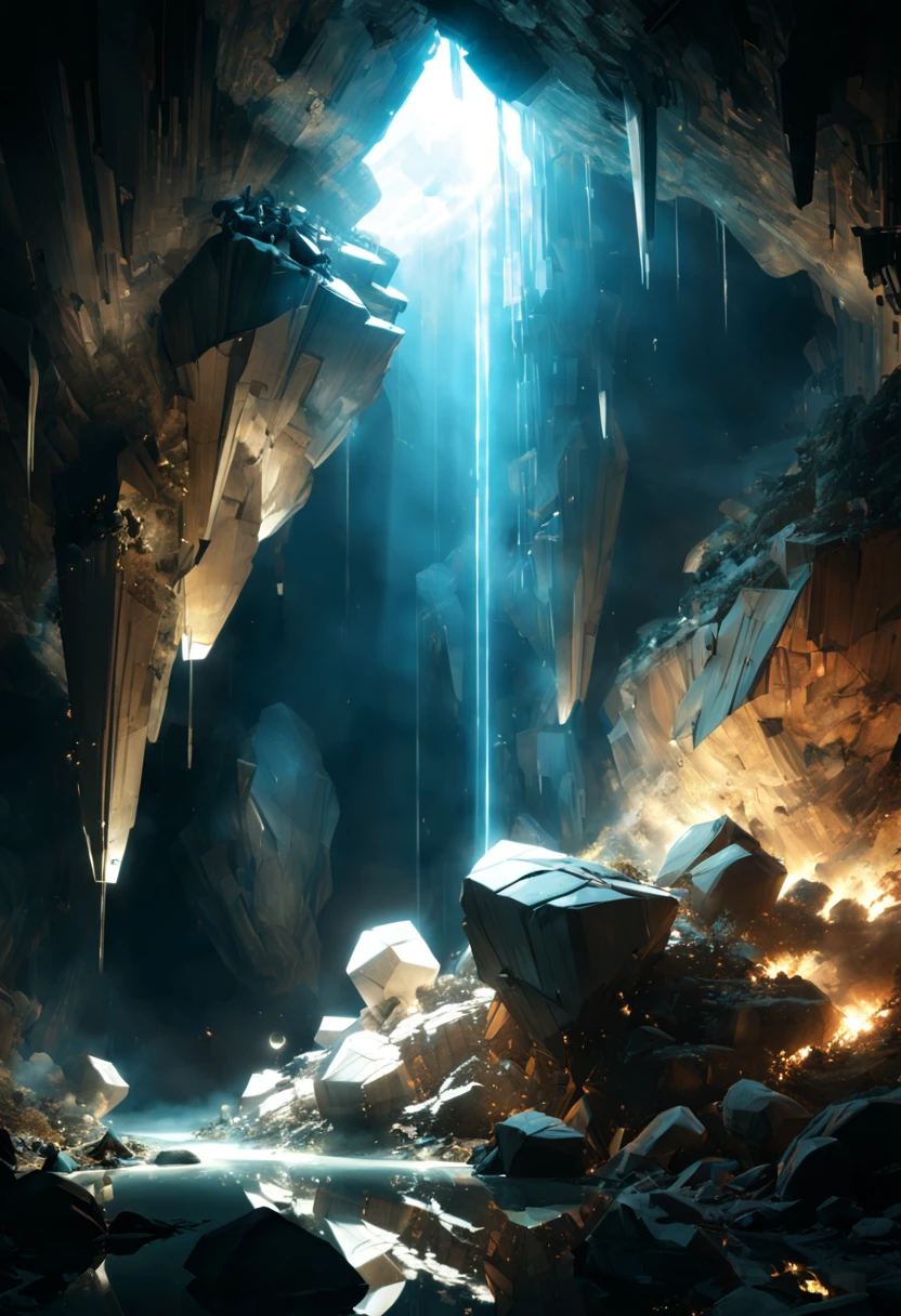 (by ashley wood:1.2), Crystal Caves, crystal rock, crystal reflection, Rays, illumination, glowing particleest composition), ultra-wide-angle, octane render, enhance, intricate, (best quality, masterpiece, Representative work, official art, Professional, unity 8k wallpaper:1.3)