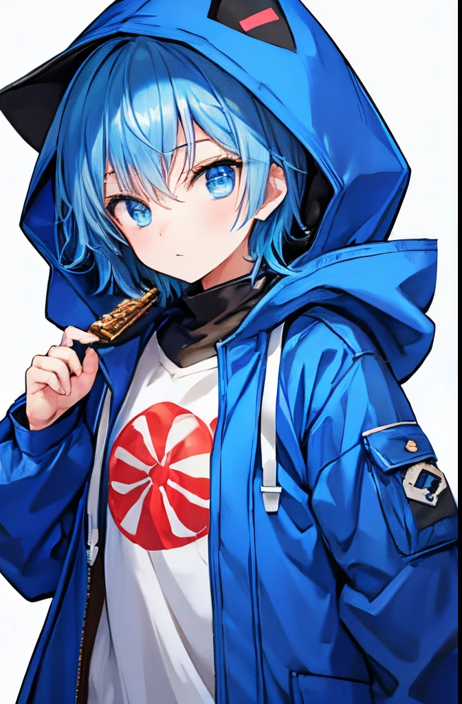 male child Blue hair Blue eyes parka holding a candy bar Eau