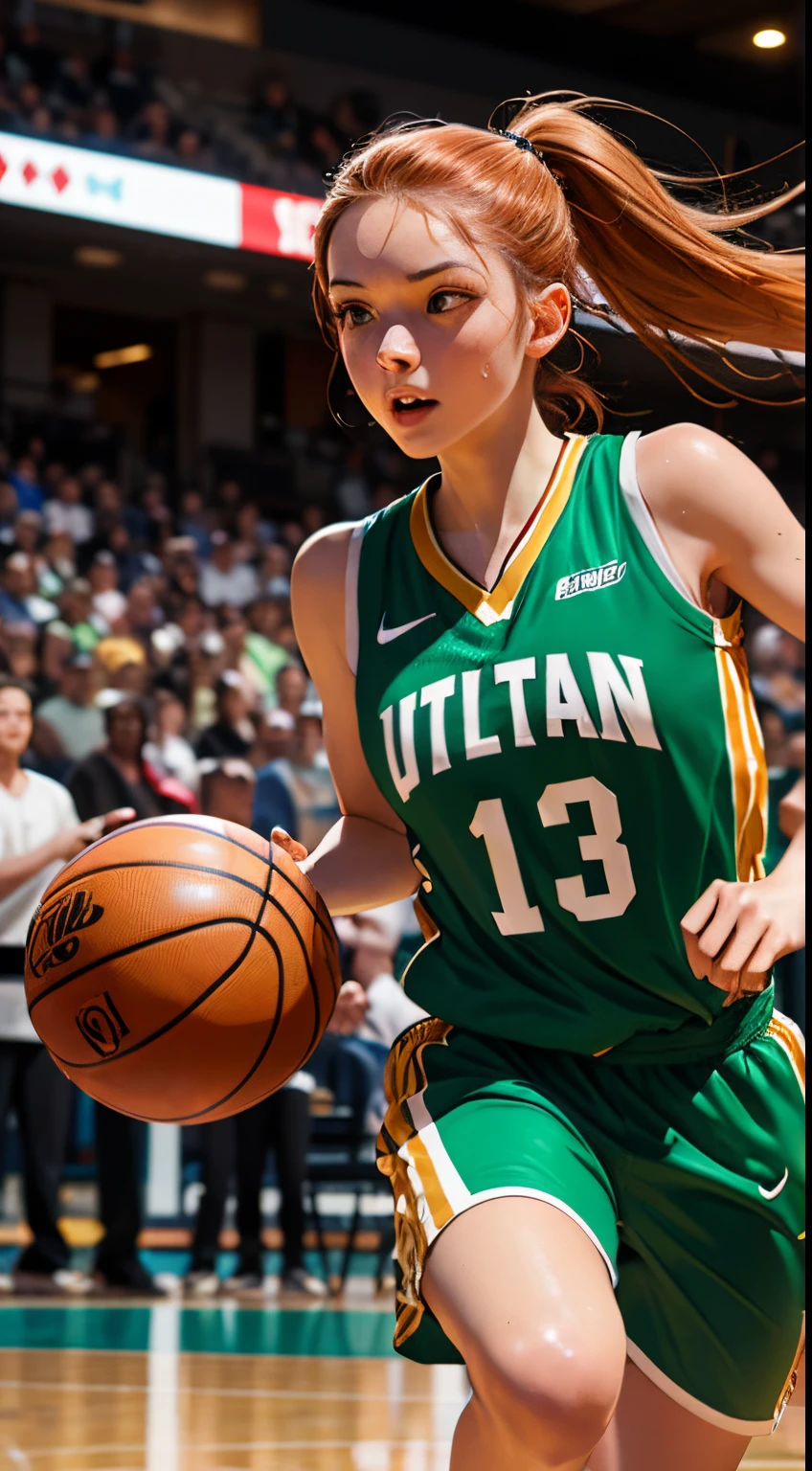Masterpice, fantastic realism, bokeh, ultra detailed, 1girl, blond with (brown skin), green eyes, red hair, running, playing basketball, sweat, shiny skin,