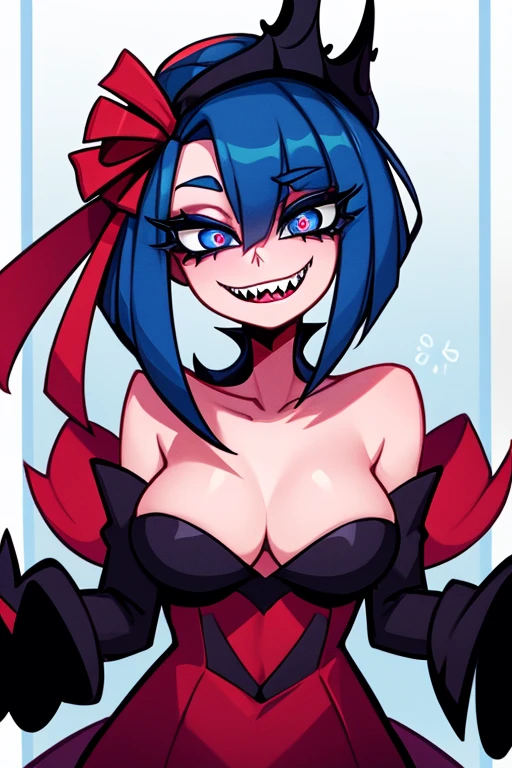 uma personagem menina inspirada no desenho Hazbin Hotel, has the same design features as the Hazbin Hotel, the girl has sharp teeth and thick eyelashes, a menina tem cabelo curto azul e usa pouca roupa simples,