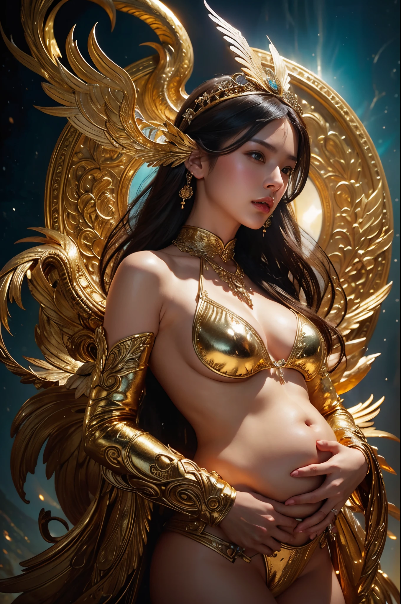 harpy、Wings that shine white and majestic、Raped by a glowing snake、gold chain wrapped around body、phoenix goddess beautiful wings beautiful tail feathers、nudde、Japan Beauty、Chinese Goddess、incarnation of the swan、Big belly、Pregnant Woman、egg to be fertilized、beautiful hindu god vinayak、fantasy characture portrait, A hyper-realistic, Intricate details, Artifacts of the fifth element, peter morbach（peter mohrbacher）RAWExtremely detailed, Hisayama Zhao, Wayne Barlowe, Boris Vallejo, Aaron Hokey, by gaston bussiere, Craig Mullins Alphonse Mucha,