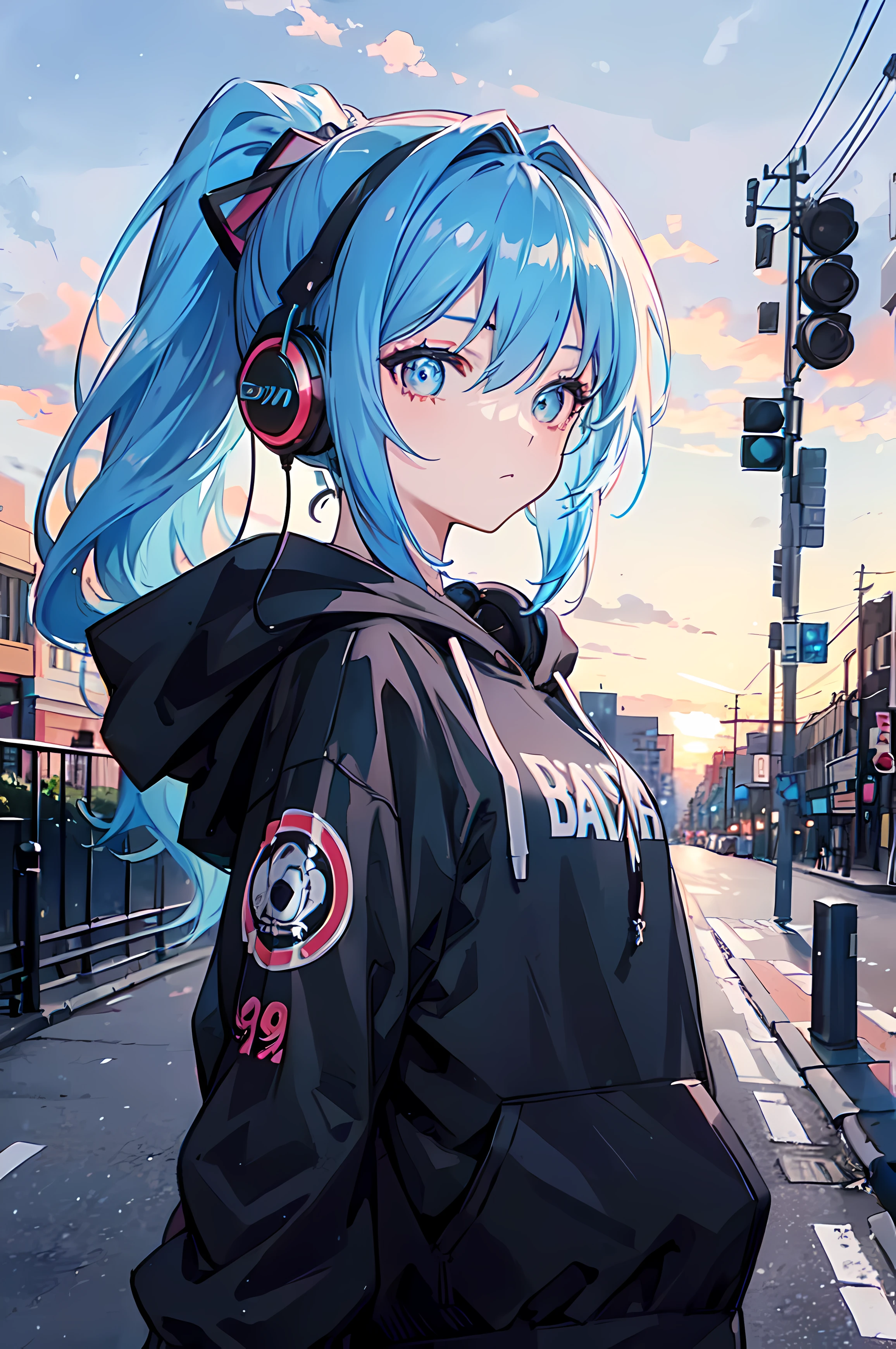 1girl ((blue hair)), (masterpiece, best quality, highly detailed), (ponytail, black hoodie, headphones), in the streets, masterpiece, beautiful, 1 9 , close up view, Streets, neon Lights, 1 9 year oldg at the sunset, beautiful
