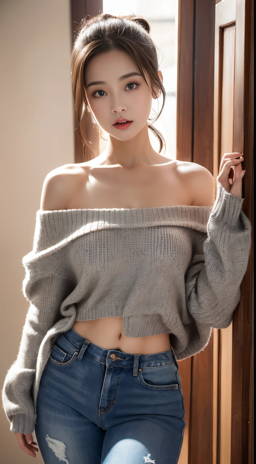 8K,masuter piece,Photorealsitic,1girl in，Solo，Off-the-shoulder sweater、Jeans Short、(face up:1.2)、(Mouth opens wide both vertically and horizontally:1.****u can see the inside of the mouth)，Looking at the camera、Light reflected in the eyes