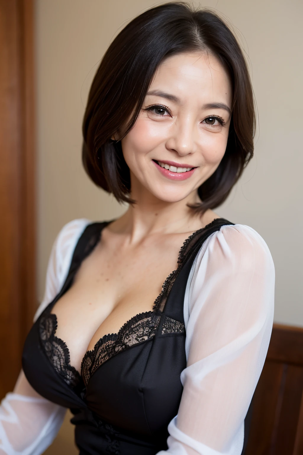 (masutepiece:1.2), High Definition, High quality,(65-year-old woman:1.2)、(Wrinkles on the face:1.2)、Beautie,princess dress, Puffy sleeves,Big breasts,Smile,