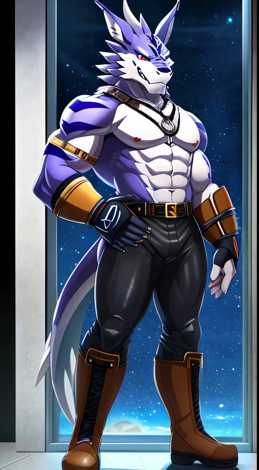 furry weregarurumon, muscular, cyberpunk, night, leather arms and hands glove, leatherl legs and riding boots, behind the light, leather pants, anime, elevator door, window, looking, tower, digimon, 4K