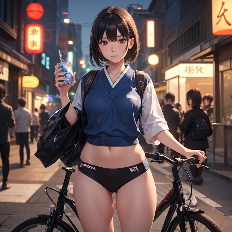 a School girl with Japanese characteristics, black eyes, and brown short hair, Ridding bike cycle on the street, drinking soft drink Pocari wih hand, blend Japanese styles with influences from artists like WILOP. Infuse glamour and grit using Bokeh effects, luminism, and bioluminescence for a cinematic ArtStation style, Utilize Octane-rendered 3D details to achieve a hyper-realistic feel, a rebellious 4K realistic painting