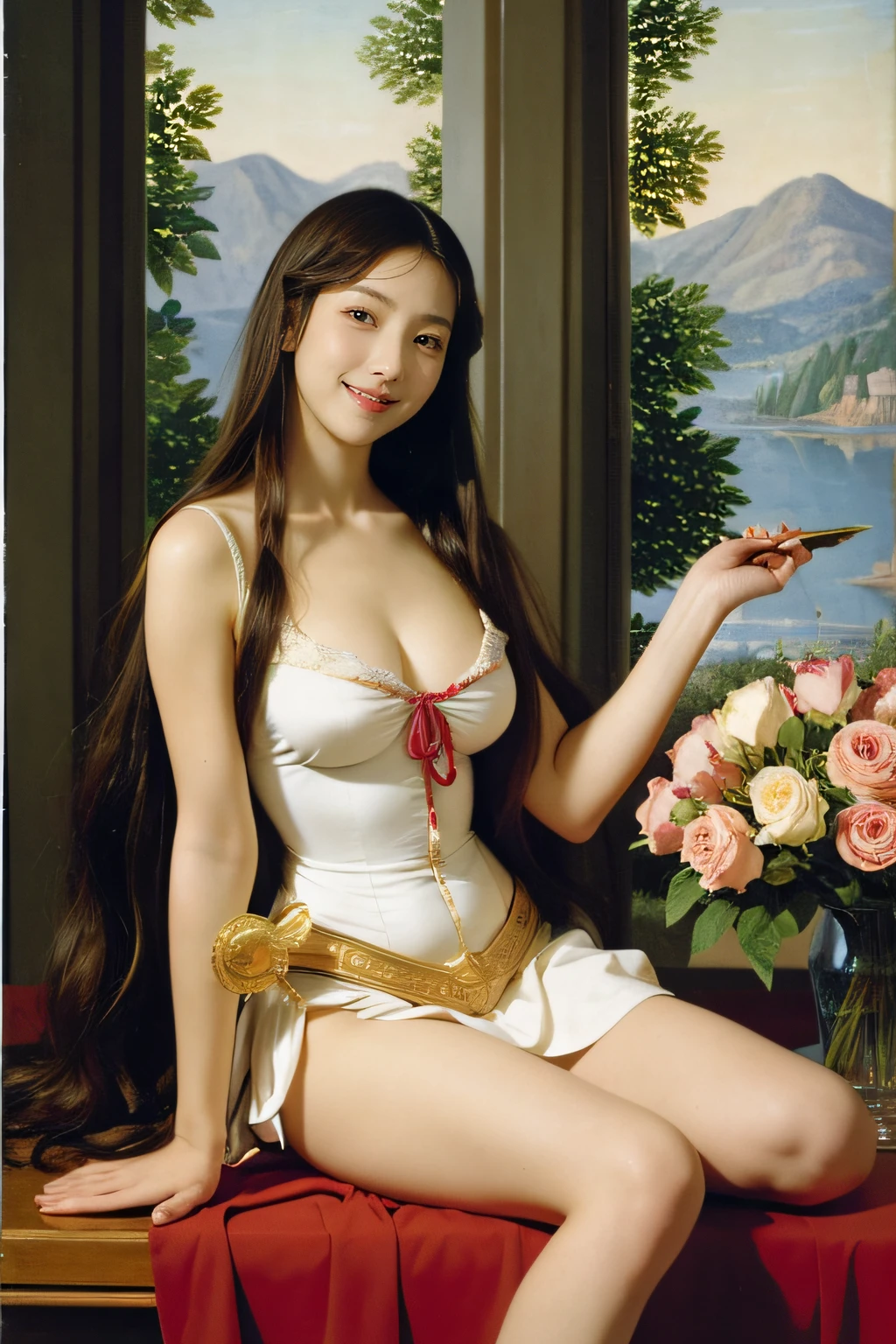 Geometry,stain glass,12 zodiac signs,Vigée Leblanc style,Math、Astronomical utensils,astronault,Roses in a vase,fruits,cute little,A smile,Ancient Greek costumes,Paintings by Sandro Botticelli,Costume with stretched shoulders,huge smile,large full breasts,Ecstasy expression,A sexy,Beautiful bare skin