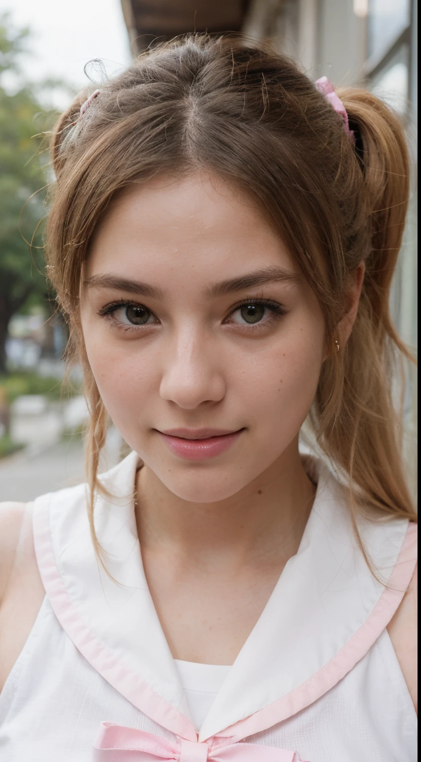 18 year old beautiful girl, cute, looking at camera,very big breasts ,Japan,beautiful breasts,beautiful eyes,nude,ponytail ,waiting for the train,Wooden station building in the countryside,Beautiful woman,Glamour,Left and right eyes are balanced,blonde hair,smile,After sunburn