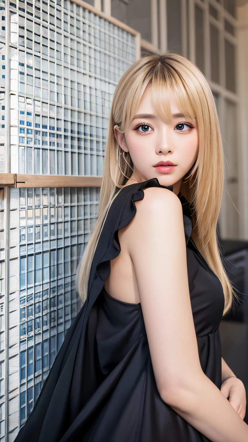 Best Quality、Raw photo、profetional lighting、Top image quality、​masterpiece、Live-action depiction、Top quality backdrop professional lighting、Big Aiura genuine frame included、reproduction of a real person、black dress sack free、blonde  hair、Longhaire、