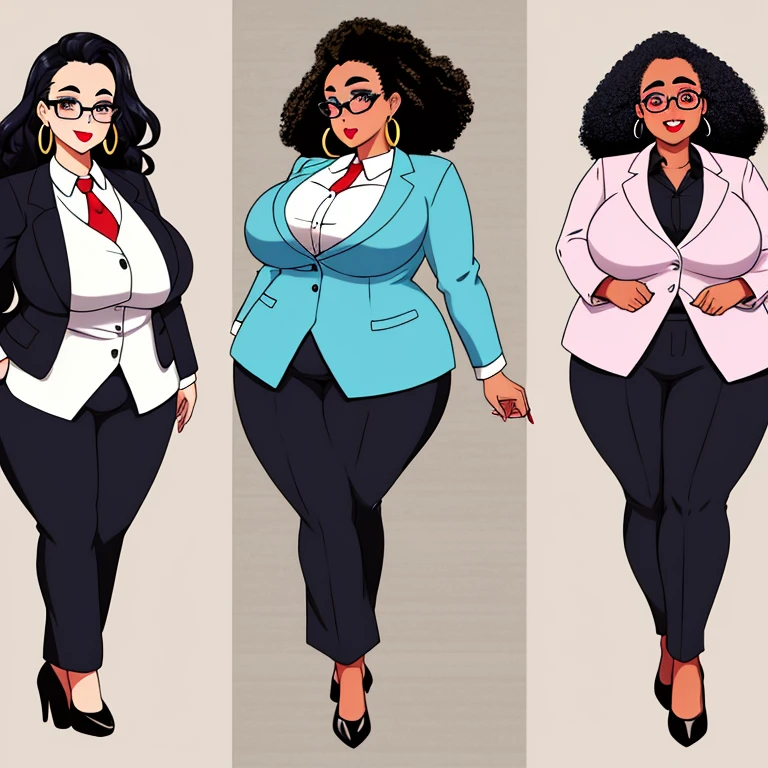 eye glass、afro、Long、forehead、thick eyebrow、bbw、fatness、Colossal tits、gargantuan butt、large earring、thick lip、Painted lips、Business suits、Full body view