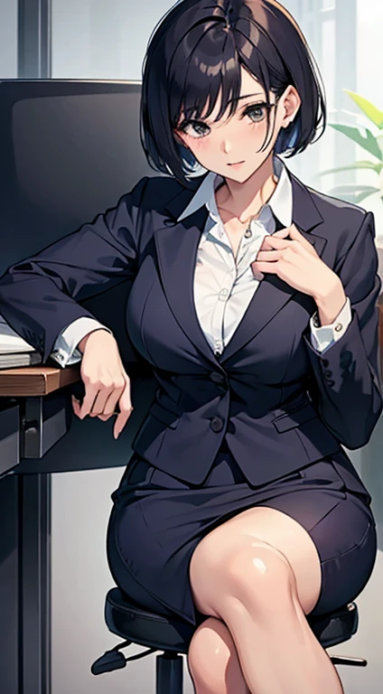 Beautiful Mature Woman、short-cut、Wearing a suit、The shirt is too tight、tight skirts、business sui、Good style、s Office、The upper part of the body、Sit on a chair and cross your legs