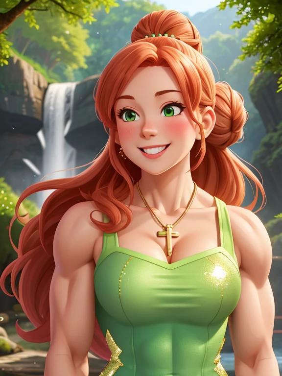 attractive welsh woman, ripped muscle, muscular body, pale skin, smile(blush), sequin sundress, cross pendant, sixpack abs, [ultra detailed skin:1.2], ginger hair, green eyes, hair bun, 8k uhd, full body, crowd, public, forest, waterfall, standing,