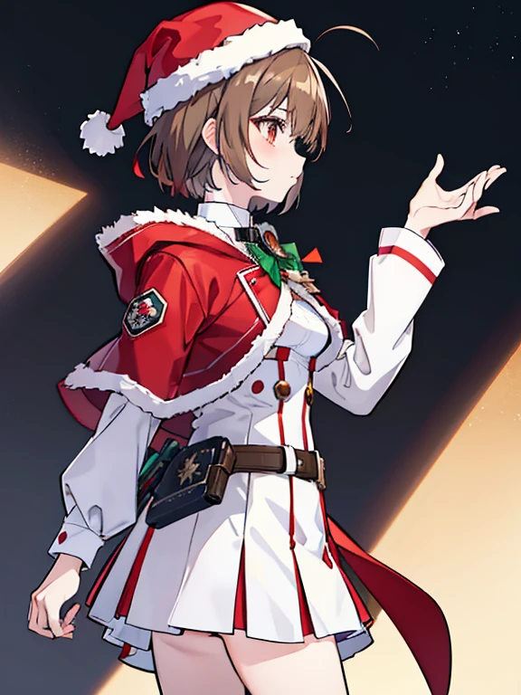 (masterpiece), best quality, expressive eyes, perfect face, anime girl with brown hair and white shirt and light brown techwear jacket, open jacket, red straps on brown vest, techwear outfit, cream jacket with red straps, techwear, anime moe artstyle, mihoyo art style, female protagonist 👀 :8, ahoge, short hair, brown hair, anime profile pic, anime style character, female protagonist, dynamic pose, profile picture, christmas hat, Santa outfit, christmas style, bow on chest clipping red coat, Green and red colors, bangs, sidelocks, flat chested, profile pic