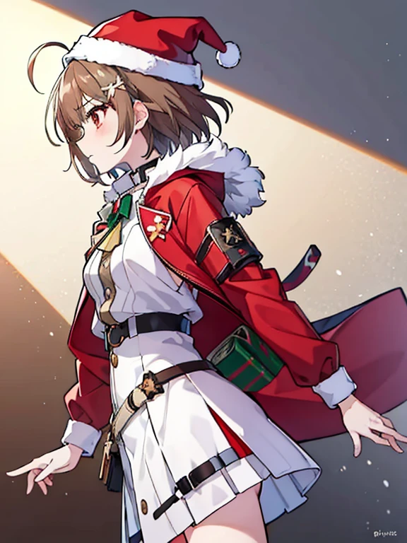 (masterpiece), best quality, expressive eyes, perfect face, anime girl with brown hair and white shirt and light brown techwear jacket, open jacket, red straps on brown vest, techwear outfit, cream jacket with red straps, techwear, anime moe artstyle, mihoyo art style, female protagonist 👀 :8, ahoge, short hair, brown hair, anime profile pic, anime style character, female protagonist, dynamic pose, profile picture, christmas hat, Santa outfit, christmas style, bow on chest clipping red coat, Green and red colors, bangs, sidelocks, flat chested, profile pic