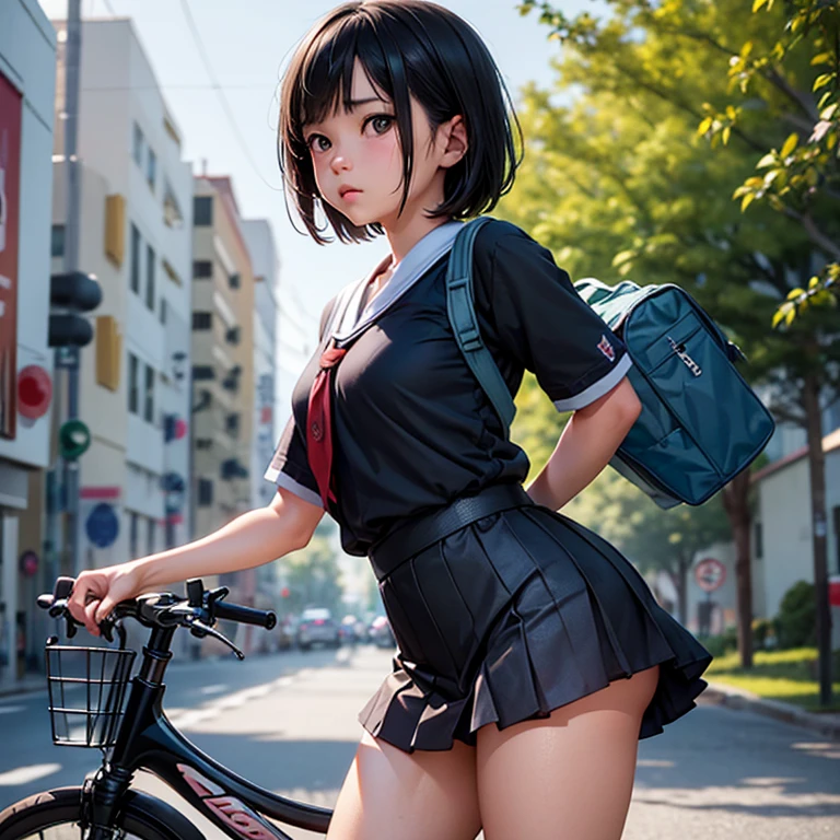 a School girl with Japanese characteristics, black eyes, and brown short hair, Ridding bike cycle on the street, drinking soft drink Pocari wih hand, blend Japanese styles with influences from artists like WILOP. Infuse glamour and grit using Bokeh effects, luminism, and bioluminescence for a cinematic ArtStation style, Utilize Octane-rendered 3D details to achieve a hyper-realistic feel, a rebellious 4K realistic painting