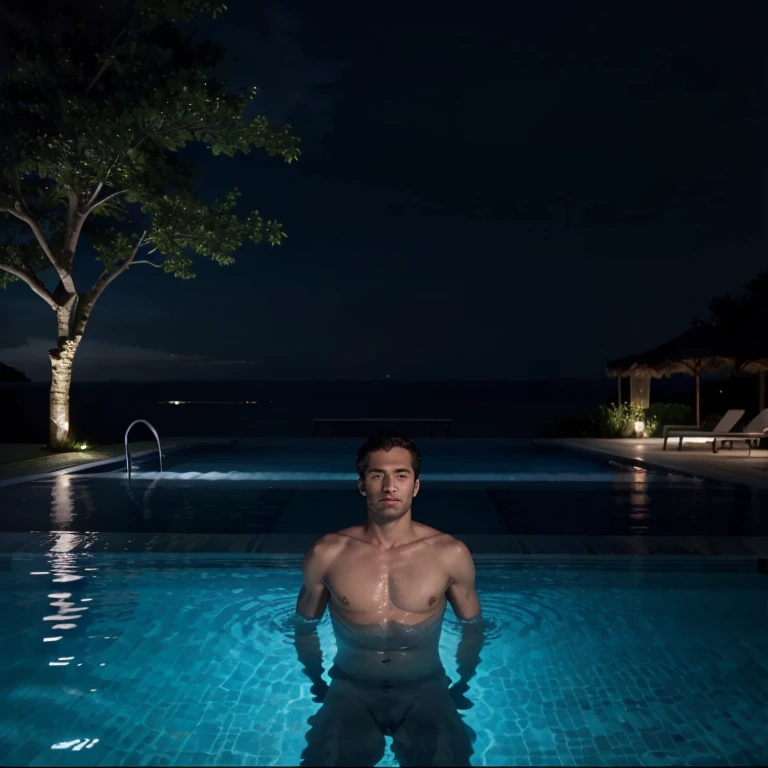 naked man by the pool,lofi,masterpiece:1.2,ultra-detailed,realistic,night scene,dark blue color,gentleman,lonely,reflection on the water,subtle moonlight,relaxing music,calm atmosphere,single light source,ripples in the pool,subdued lighting,quiet,serene,detailed surroundings,crisp shadows,stillness