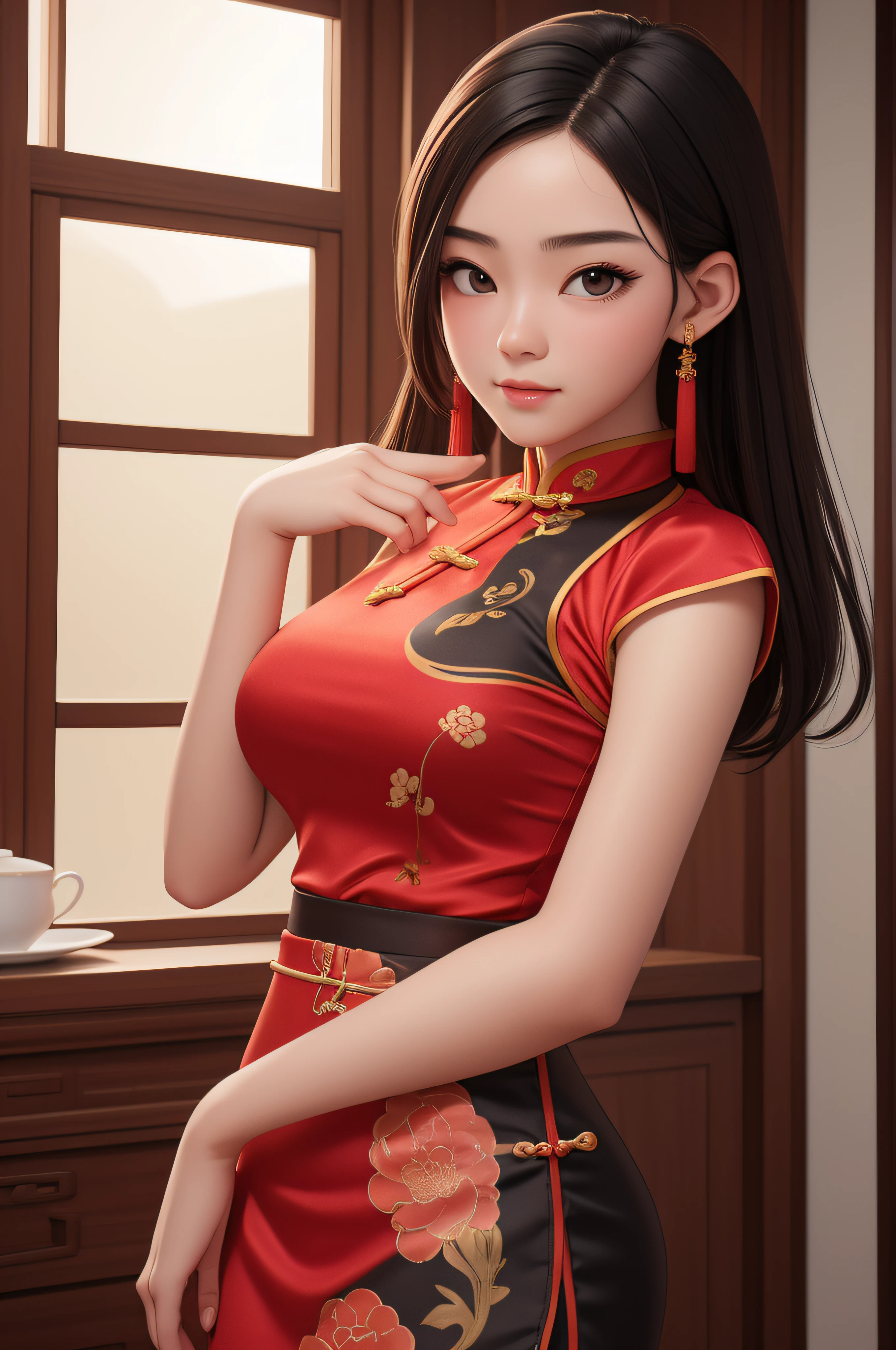 anime girl in red dress standing in front of a bed, cute anime waifu in a nice dress, seductive anime girl, wearing a red cheongsam, in dress, full body xianxia, cheongsam, rin tohsaka, anime moe artstyle, chinese dress, attractive anime girl, smooth anime cg art, beautiful alluring anime woman