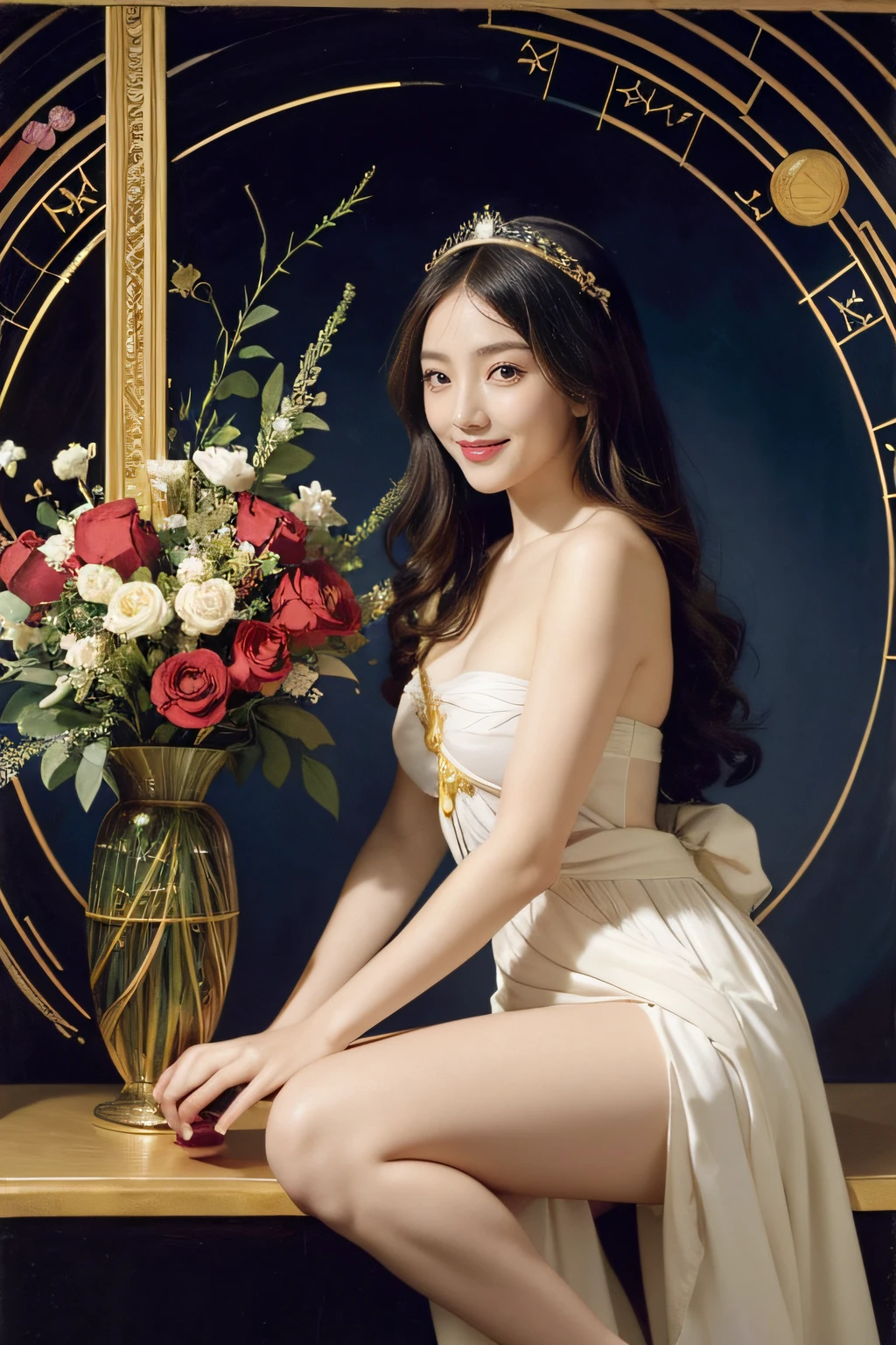 Geometry,stain glass,12 zodiac signs,Vigée Leblanc style,Math、Astronomical utensils,astronault,Roses in a vase,fruits,cute little,A smile,Ancient Greek costumes,Paintings by Sandro Botticelli,Costume with stretched shoulders,huge smile,large full breasts,Ecstasy expression,A sexy,Beautiful bare skin