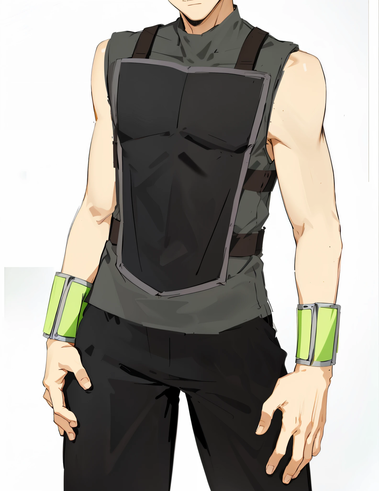 anime character with a black vest and green armbands,