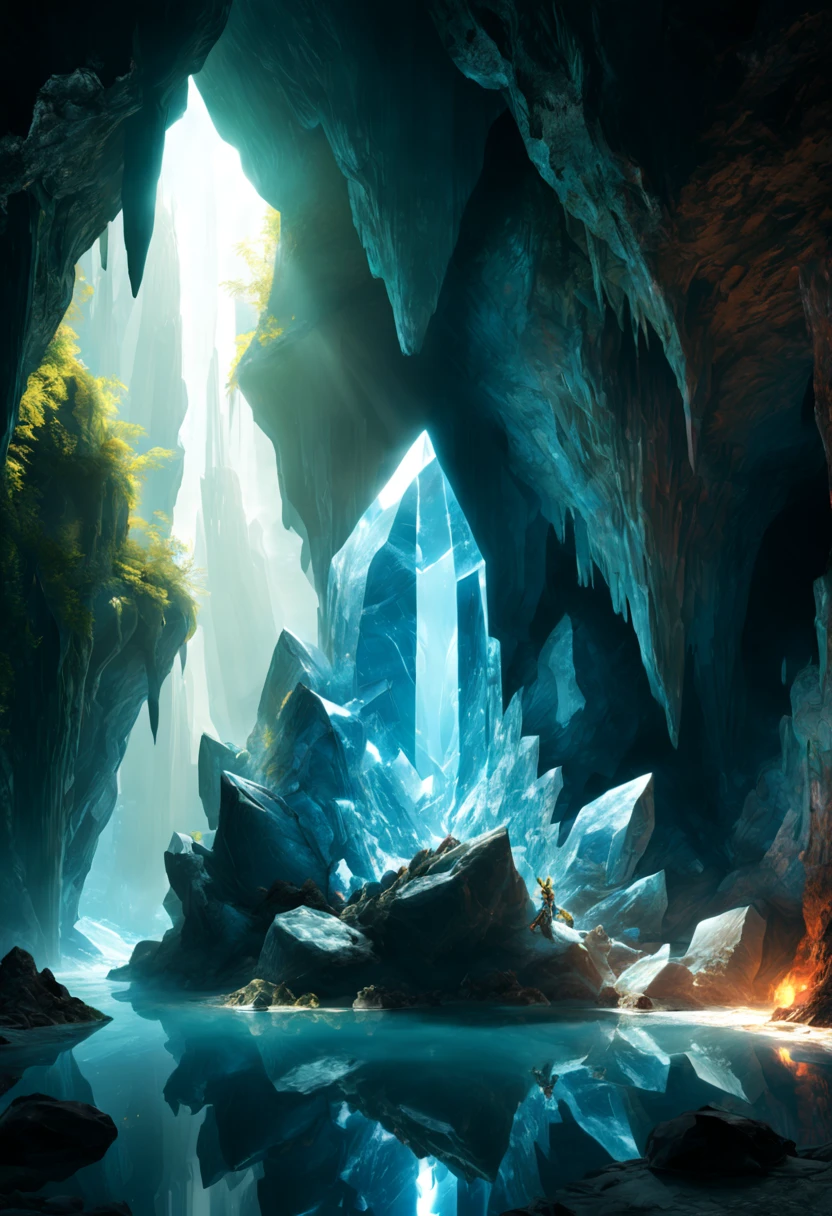 (by Marc Simonetti:1.2), Crystal Caves, crystal rock, crystal reflection, Rays, illumination, glowing particleest composition), ultra-wide-angle, octane render, enhance, intricate, (best quality, masterpiece, Representative work, official art, Professional, unity 8k wallpaper:1.3)